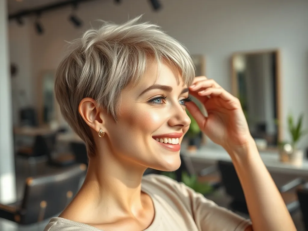 Kobieta z krótką fryzurą pixie cut w nowoczesnym salonie, prezentuje teksturę i warstwowe cięcie z pewnym siebie uśmiechem.
