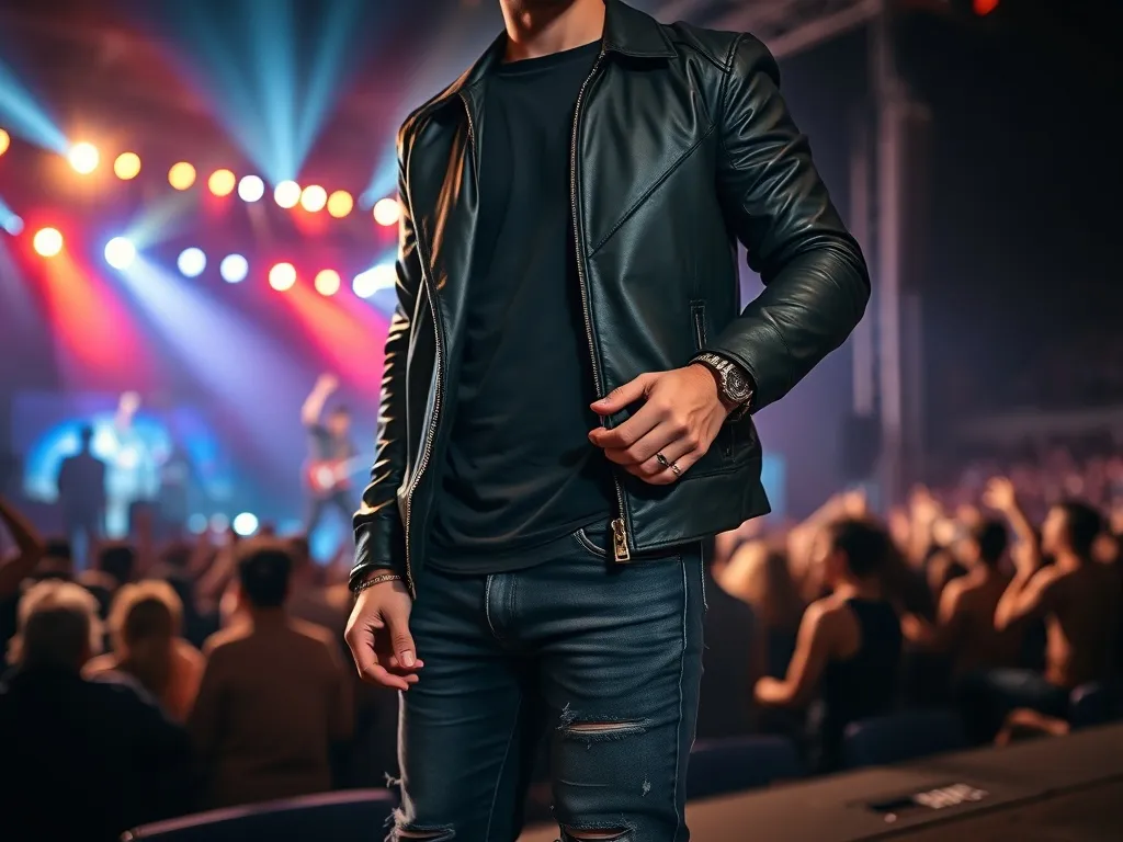 Osoba w skórzanej kurtce, ciemnym T-shircie i podartych jeansach na rockowym koncercie, trzyma zatyczki do uszu.