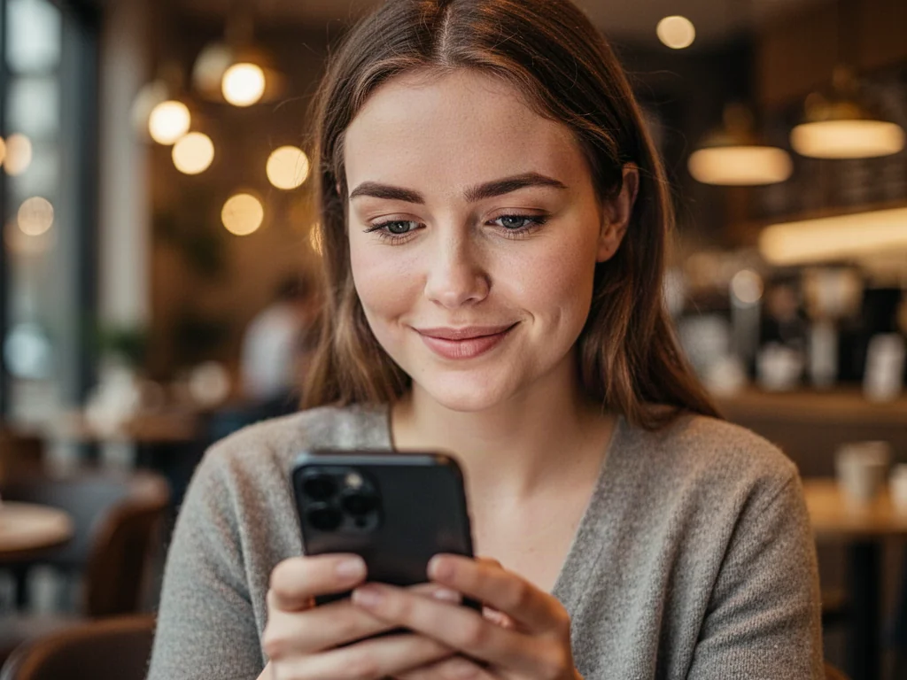 Młoda kobieta z uśmiechem przegląda telefon w przytulnej kawiarni, co nawiązuje do kontekstu komunikacji cyfrowej.