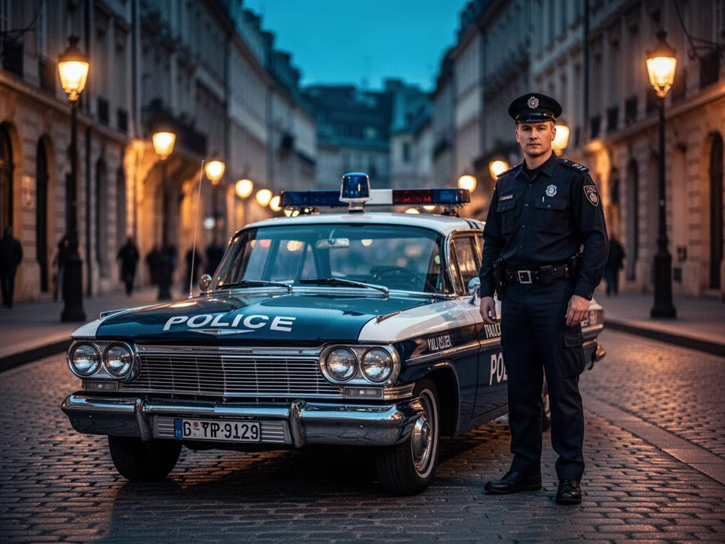 Policjant stojący przy klasycznym radiowozie na tle europejskiej ulicy o zmroku.