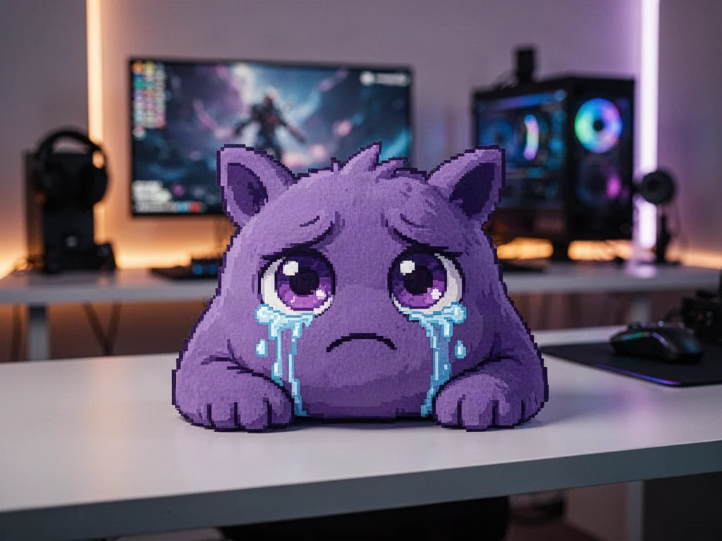 Smutna, pikselowa postać z płynącymi łzami na biurku gracza, symbolizująca popularną emotkę BibleThump.