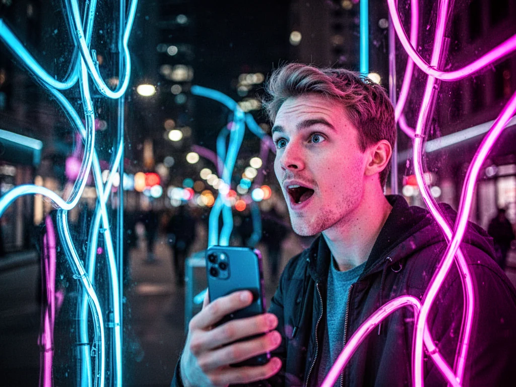Młody mężczyzna z zachwytem fotografuje smartfonem nowoczesną, neonową instalację świetlną w nocnym mieście.