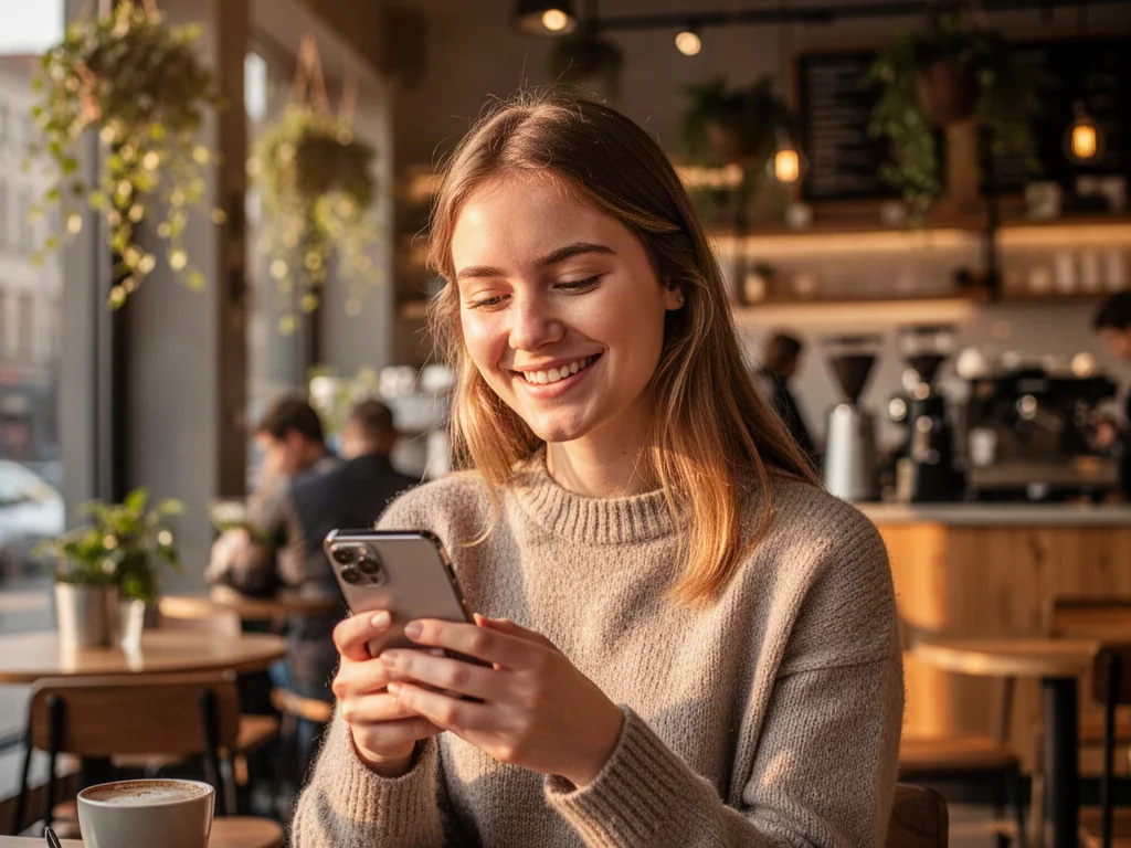 Młoda kobieta uśmiechająca się do telefonu w przytulnej kawiarni, co ilustruje swobodną komunikację z bliską osobą.