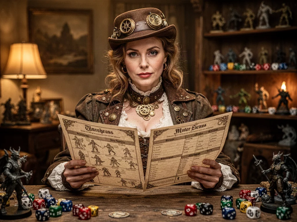Kobieta w stroju steampunkowym analizuje kartę postaci przy stole, w tle widoczne kości do gry i figurki w przytulnym wnętrzu.