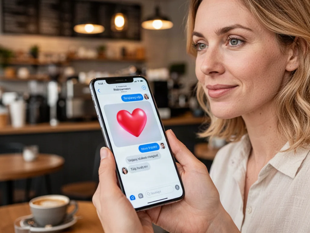 Kobieta trzymająca smartfon z ikoną serca w aplikacji czatu, symbolizującą wdzięczność w komunikacji cyfrowej.
